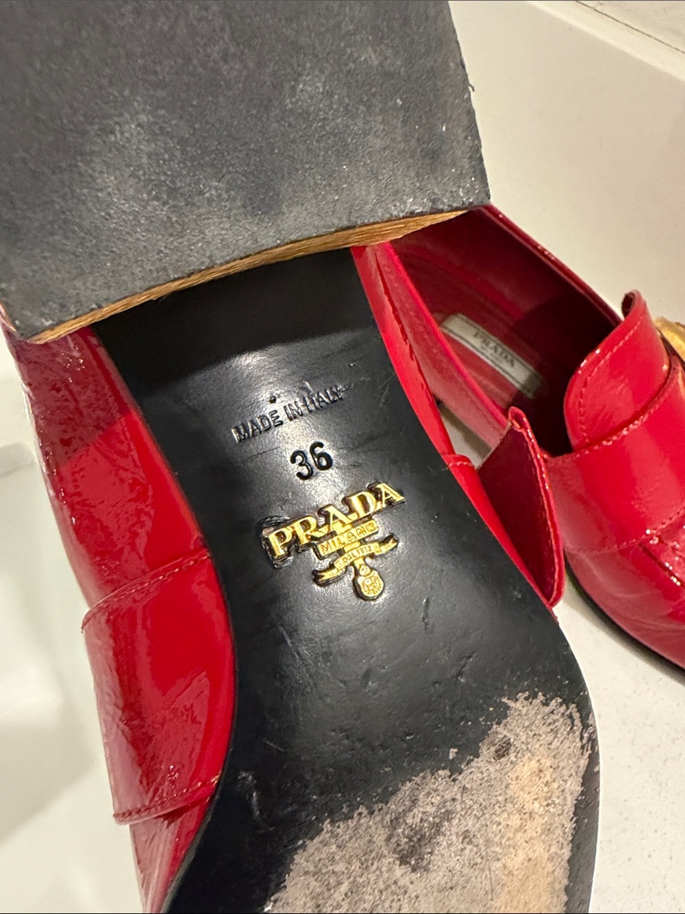 Prada Red Patent Leather Loafers with Gold Medallion - Picture 7 of 8